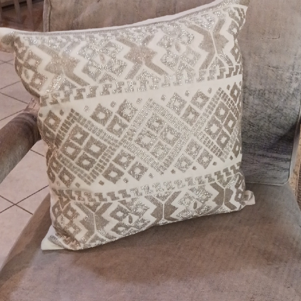 Elegance by Ralph Lauren in a Beaded ,Cream and Silver Decorative Pillow